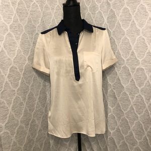 Ann Taylor Short Sleeve Blouse Navy & Champagne Medium